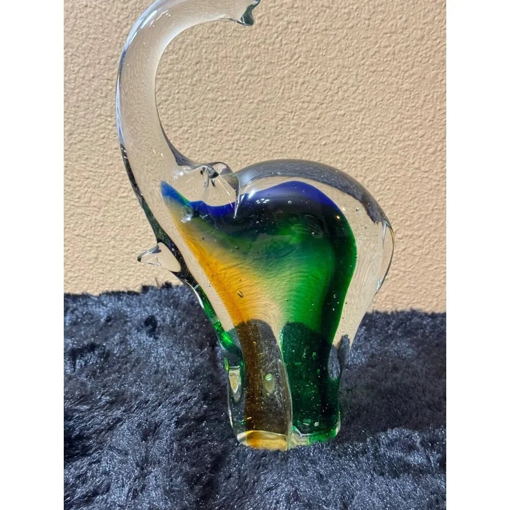 Vintage Glass Elephant Figurine10" Green & Amber Art Glass Decor - Picture 3 of 11